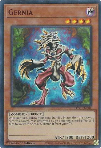 An Ultra Rare Red "Gernia" card from the Yugioh Set: Legendary Duelists: Season 3.