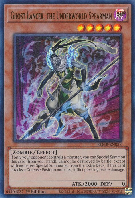 An Ultra Rare "Ghost Lancer, the Underworld Spearman" card from the Yugioh Set: Battles of Legend: Monstrous Revenge (BLMR).