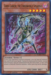 An Ultra Rare "Ghost Lancer, the Underworld Spearman" card from the Yugioh Set: Battles of Legend: Monstrous Revenge (BLMR).