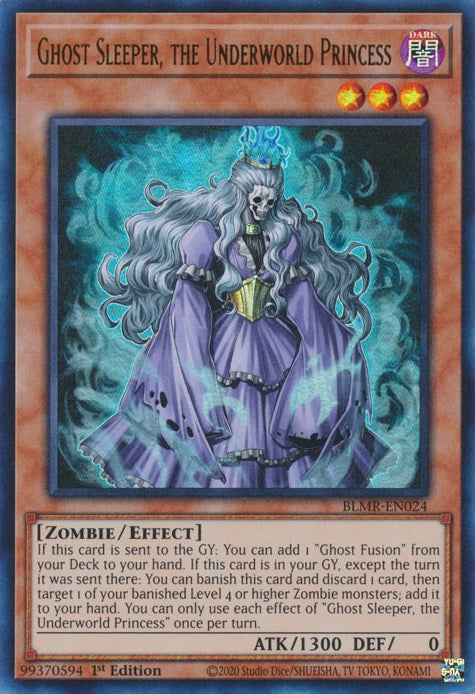 An Ultra Rare "Ghost Sleeper, the Underworld Princess" card from the Yugioh Set: Battles of Legend: Monstrous Revenge (BLMR).