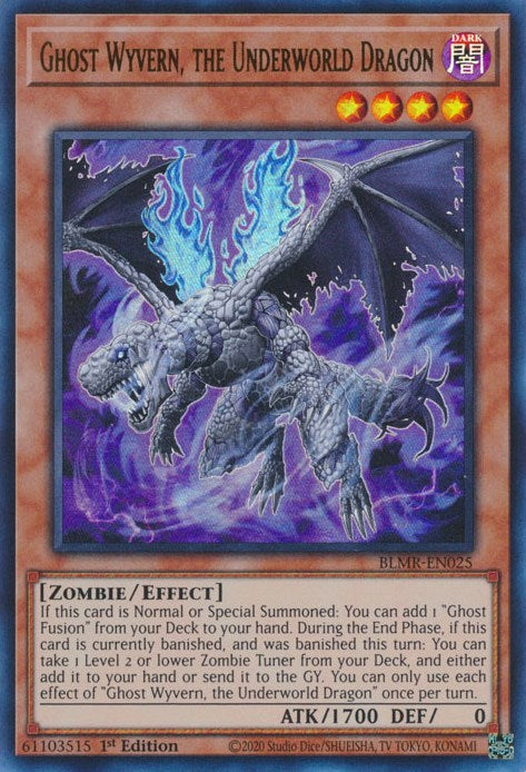 An Ultra Rare "Ghost Wyvern, the Underworld Dragon" card from the Yugioh Set: Battles of Legend: Monstrous Revenge (BLMR).