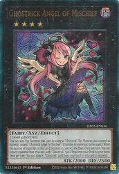 A Prismatic Ultimate Rare "Ghostrick Angel of Mischief" card from the Yugioh Set: Rarity Collection 1 (RA01).