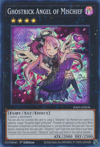 A Secret Rare "Ghostrick Angel of Mischief" card from the Yugioh Set: Rarity Collection 1 (RA01).