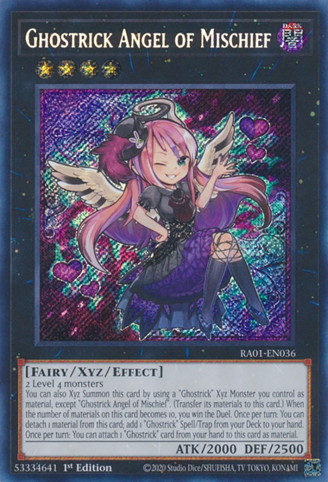 A Super Rare "Ghostrick Angel of Mischief" card from the Yugioh Set: Rarity Collection 1 (RA01).