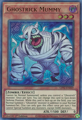 An Ultra Rare "Ghostrick Mummy" card from the Yugioh Set: Ghosts From the Past: The 2nd Haunting (GFP2).