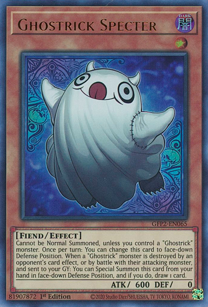 An Ultra Rare "Ghostrick Specter" card from the Yugioh Set: Ghosts From the Past: The 2nd Haunting (GFP2).