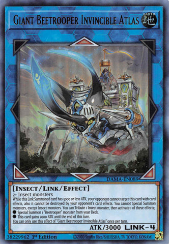An Ultra Rare "Giant Beetrooper Invincible Atlas" card from the Yugioh Set: Dawn of Majesty.