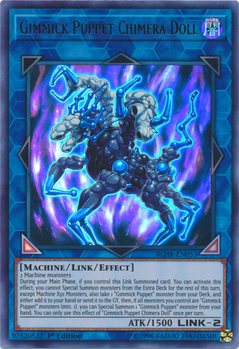 An Ultra Rare "Gimmick Puppet Chimera Doll" card from the Yugioh Set: Battles of Legend: Hero's Revenge (BLHR).