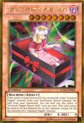 A Gold Secret Rare "Gimmick Puppet Dreary Doll" card from the Yugioh Set: Premium Gold (PGLD).