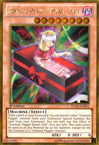 A Gold Secret Rare "Gimmick Puppet Dreary Doll" card from the Yugioh Set: Premium Gold (PGLD).