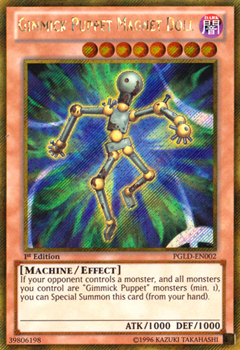 A Gold Secret Rare "Gimmick Puppet Magnet Doll" card from the Yugioh Set: Premium Gold (PGLD).