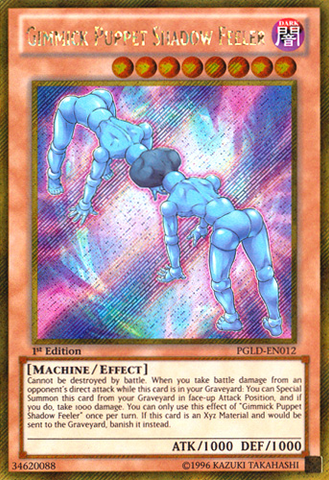 A Gold Secret Rare "Gimmick Puppet Shadow Feeler" card from the Yugioh Set: Premium Gold (PGLD).