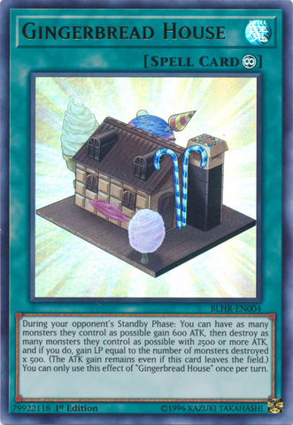 An Ultra Rare "Gingerbread House" card from the Yugioh Set: Battles of Legend: Hero's Revenge (BLHR).