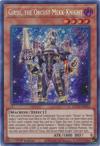 A Secret Rare "Girsu, the Orcust Mekk Knight" card from the Yugioh Set: Eternity Code.