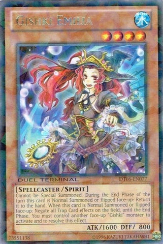 A Duel Terminal Rare "Gishki Emilia" card from the Yugioh Set: Duel Terminal 6 (DT06).