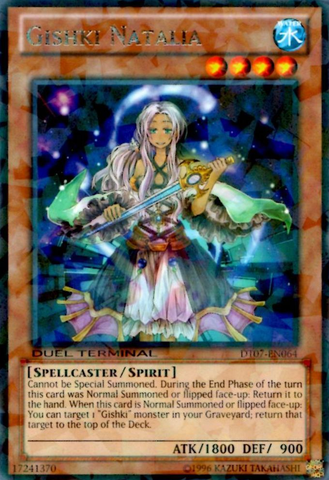 A Duel Terminal Rare "Gishki Natalia" card from the Yugioh Set: Duel Terminal 7 (DT07).