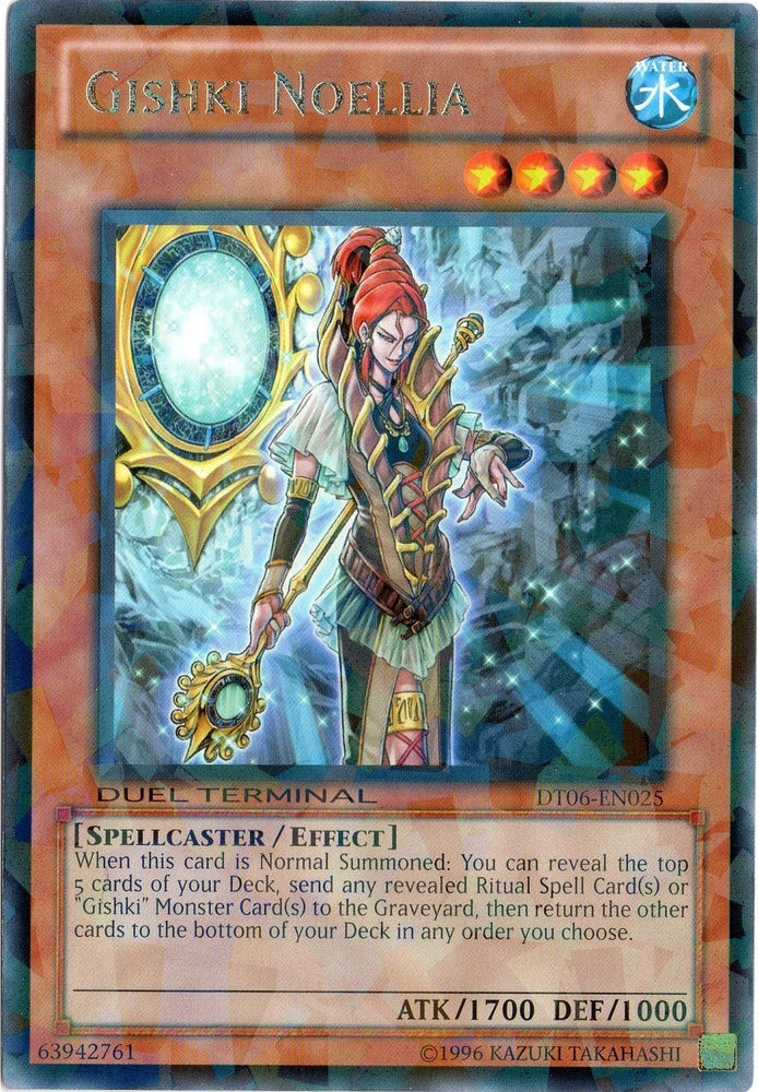 A Duel Terminal Rare "Gishki Noellia" card from the Yugioh Set: Duel Terminal 6 (DT06).