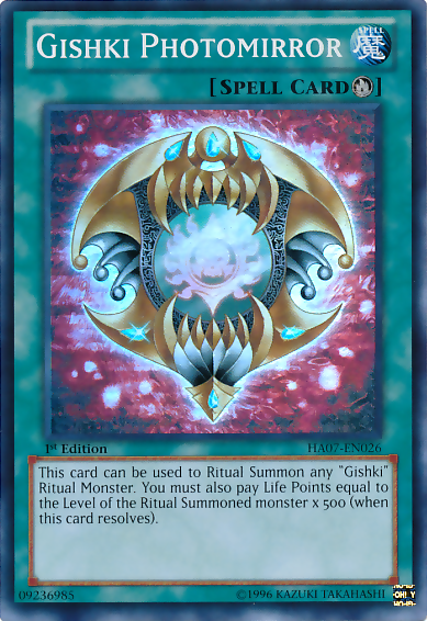 A Super Rare "Gishki Photomirror" card from the Yugioh Set: Hidden Arsenal 7: Knight of Stars (HA07).