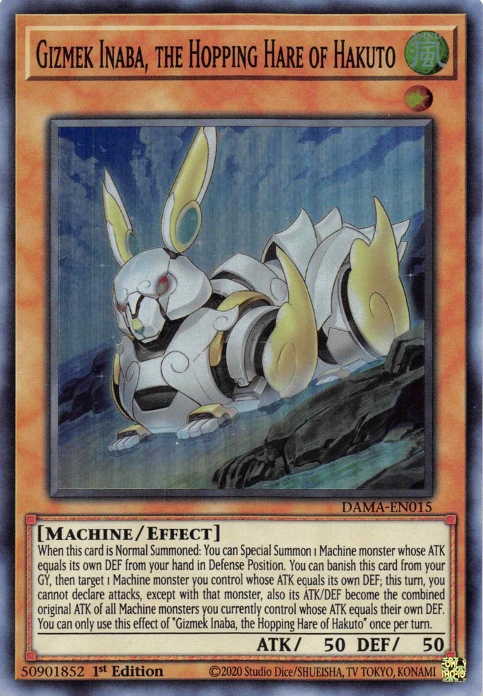 A Super Rare "Gizmek Inaba, the Hopping Hare of Hakuto" card from the Yugioh Set: Dawn of Majesty (DAMA).