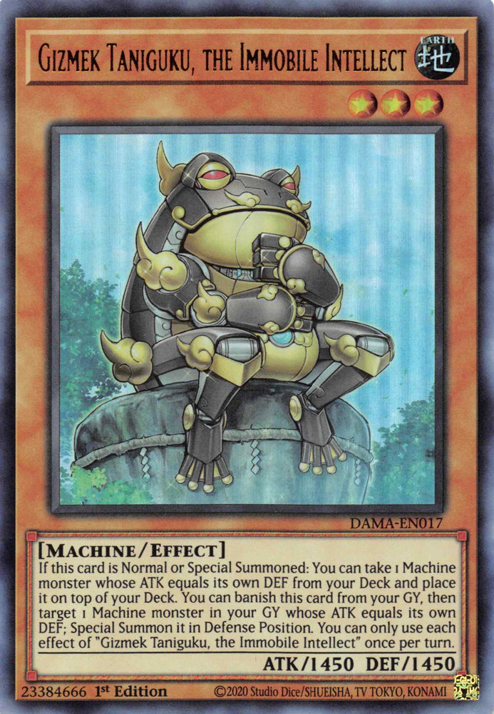 An Ultra Rare "Gizmek Taniguku, the Immobile Intellect" card from the Yugioh Set: Dawn of Majesty (DAMA).