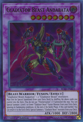 An Ultra Rare "Gladiator Beast Andabata" card from the Yugioh Set: Battles of Legend: Light's Revenge (BLLR).