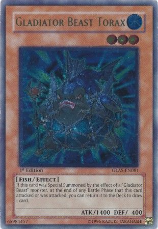 An Ultimate Rare "Gladiator Beast Torax" card from the Yugioh Set: Gladiator's Assault (GLAS).