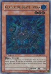 An Ultimate Rare "Gladiator Beast Torax" card from the Yugioh Set: Gladiator's Assault (GLAS).
