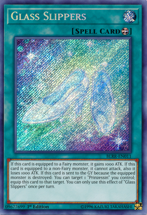 A Secret Rare "Glass Slippers" card from the Yugioh Set: Battles of Legend: Relentless Revenge (BLRR).
