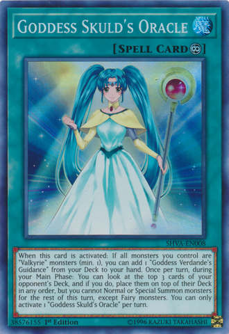 A Super Rare "Goddess Skuld's Oracle" card from the Yugioh Set: Shadows In Valhalla (SHVA).