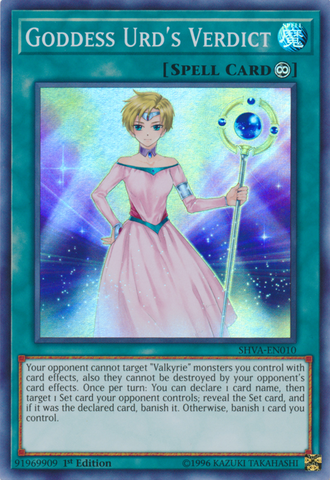 A Super Rare "Goddess Urd's Verdict" card from the Yugioh Set: Shadows In Valhalla (SHVA).