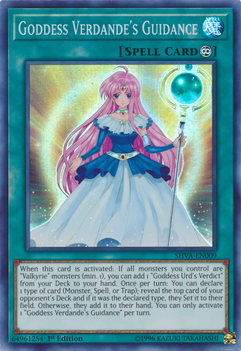 A Super Rare "Goddess Verdance's Guidance" card from the Yugioh Set: Shadows In Valhalla (SHVA).