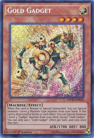  A Secret Rare "Gold Gadget" card from the Yugioh set: The Dark Side of Dimensions: Movie Pack Secret Edition.