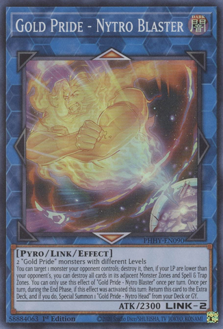 A Super Rare "Gold Pride - Nytro Blaster" card from the Yugioh Set: Photon Hypernova (PHHY).