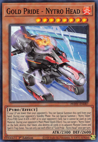 A Super Rare "Gold Pride - Nytro Head" card from the Yugioh Set: Photon Hypernova (PHHY).