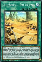 A Super Rare "Great Sand Sea - Gold Golgonda" card from the Yugioh Set: Blazing Vortex (BLVO).