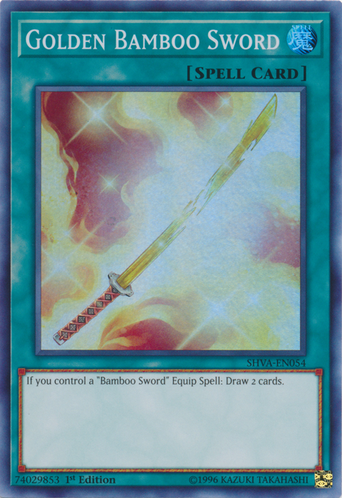 A Super Rare "Golden Bamboo Sword" card from the Yugioh Set: Shadows in Valhalla.