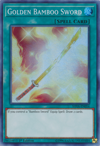 A Super Rare "Golden Bamboo Sword" card from the Yugioh Set: Shadows in Valhalla.