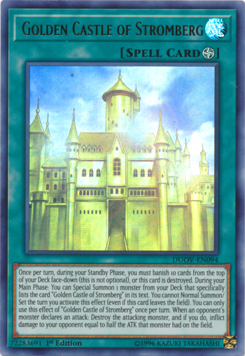 An Ultra Rare "Golden Castle of Stromberg" card from the Yugioh Set: Duel Overload (DUOV).