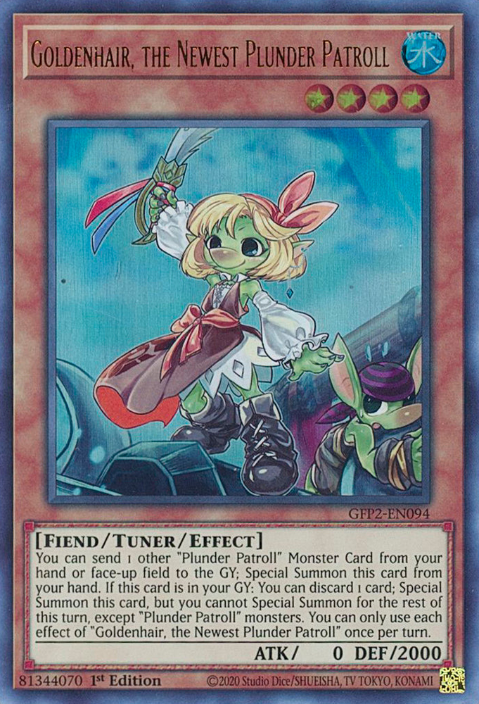  An Ultra Rare "Goldenhair, the Newest Plunder Patroll" card from the Yugioh Set: Ghosts From the Past: The 2nd Haunting (GFP2).