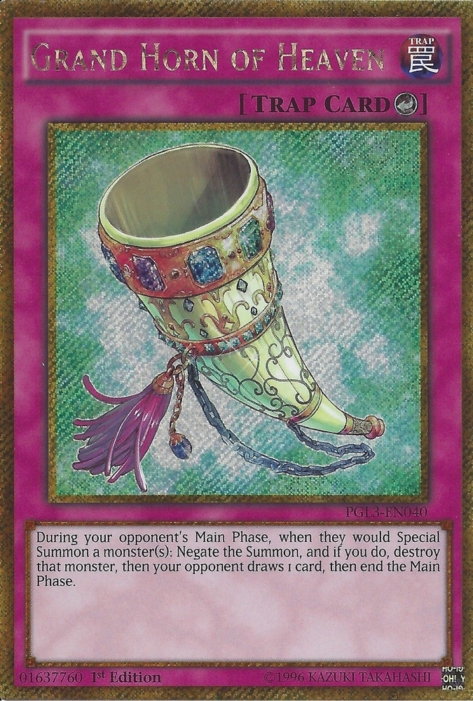 A Gold Secret Rare "Grand Horn of Heaven" card from the Yugioh Set: Premium Gold: Infinite Gold (PGL3).