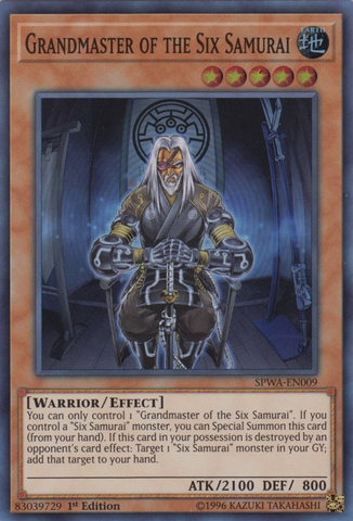 A Super Rare "Grandmaster of the Six Samurai" card from the Yugioh Set: Spirit Warriors (SPWA).