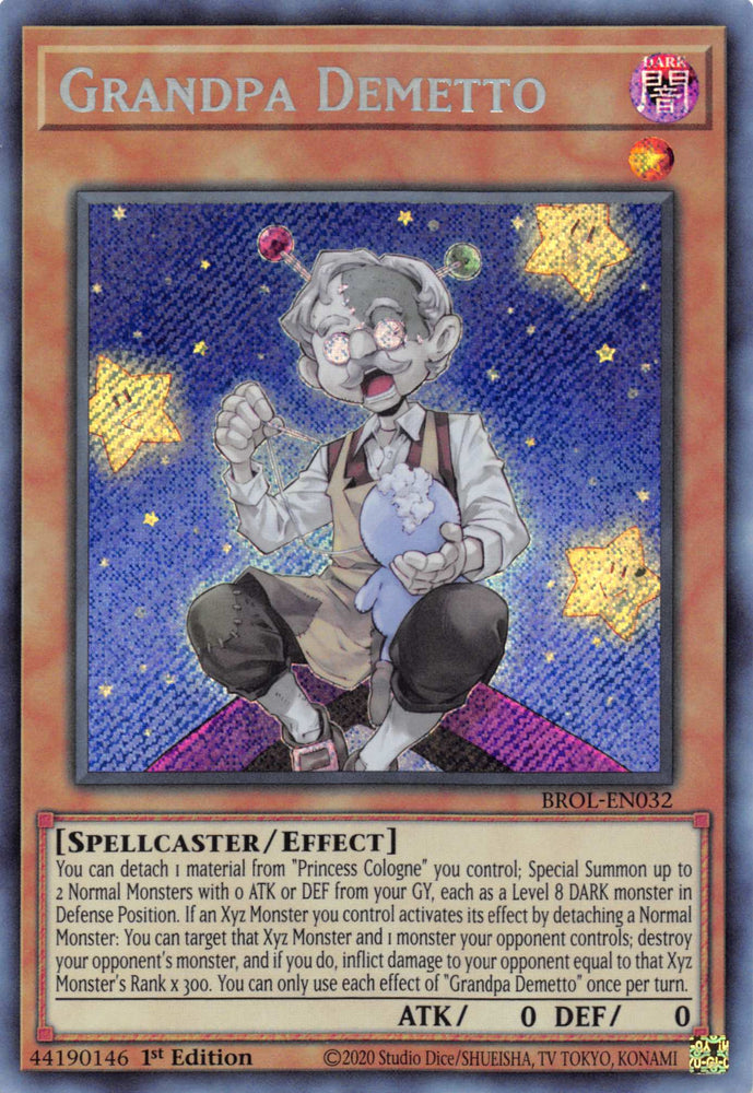  A Secret Rare "Grandpa Demetto" card from the Yugioh Set: Brothers of Legend.