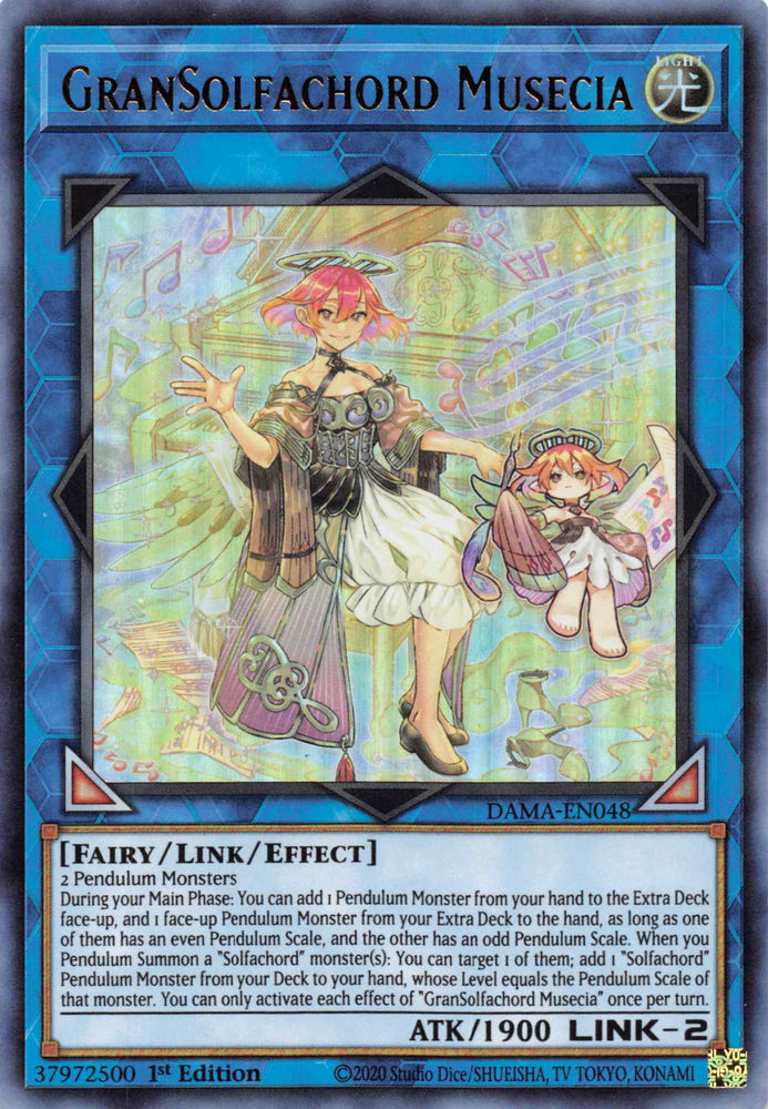 An Ultra Rare "Gransolfachord Musecia" card from the Yugioh Set: Dawn of Majesty.