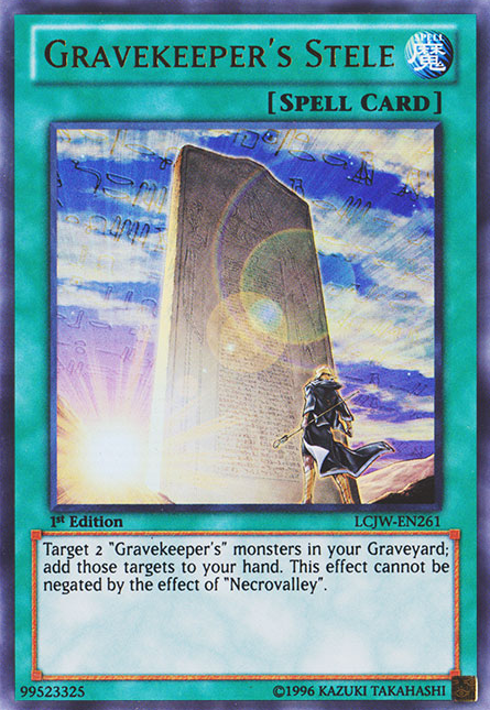 An Ultra Rare "Gravekeeper's Stele" card from the Yugioh Set: Legendary Collection 4: Joey's World (LCJW).