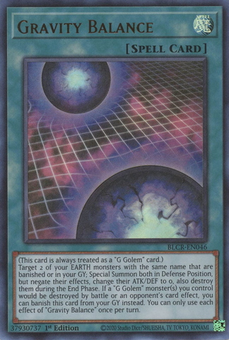 An Ultra Rare "Gravity Balance" card from the Yugioh Set: Battles of Legend: Crystal Revenge.