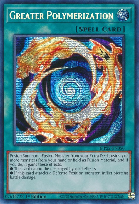 A Prismatic Secret Rare "Greater Polymerization" card from the Yugioh 2022 Tin of the Pharaoh's Gods Set.