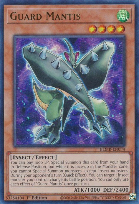 An Ultra Rare "Guard Mantis" card from the Yugioh Set: Battles of Legend: Monstrous Revenge.