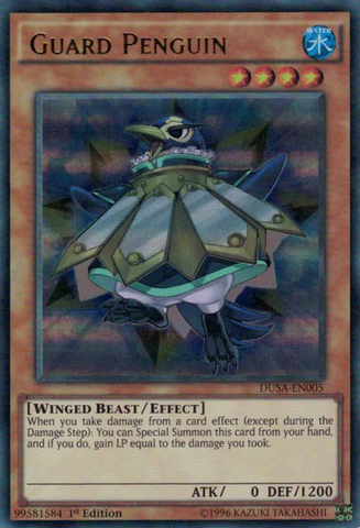 An Ultra Rare "Guard Penguin" card from the Yugioh Set: Duelist Saga (DUSA).