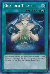 A Secret Rare "Guarded Treasure" card from the Yugioh Set: Dragons of Legend.