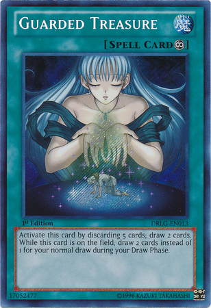 A Secret Rare "Guarded Treasure" card from the Yugioh Set: Dragons of Legend.